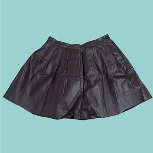 Vintage Brown Pleated Leather Mini Skater Skirt Pockets Size 8
